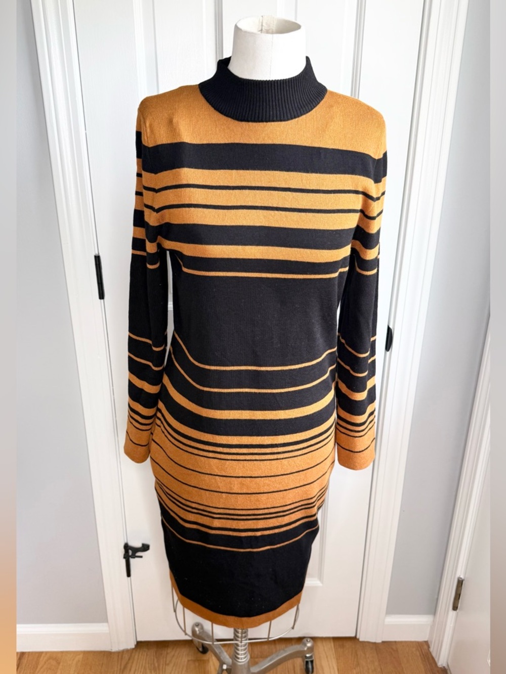 NWOT Long Sleeve Black and Mustard Striped Knit Dress